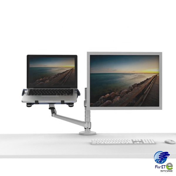 DESK STAND: COMPUTER MOUNT ARM WITH LAPTOP TRAY, WHITE-GREY